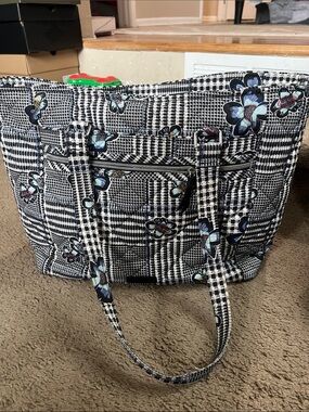 Vera Bradley Black & White Checkered Tote with Blue Floral Accents